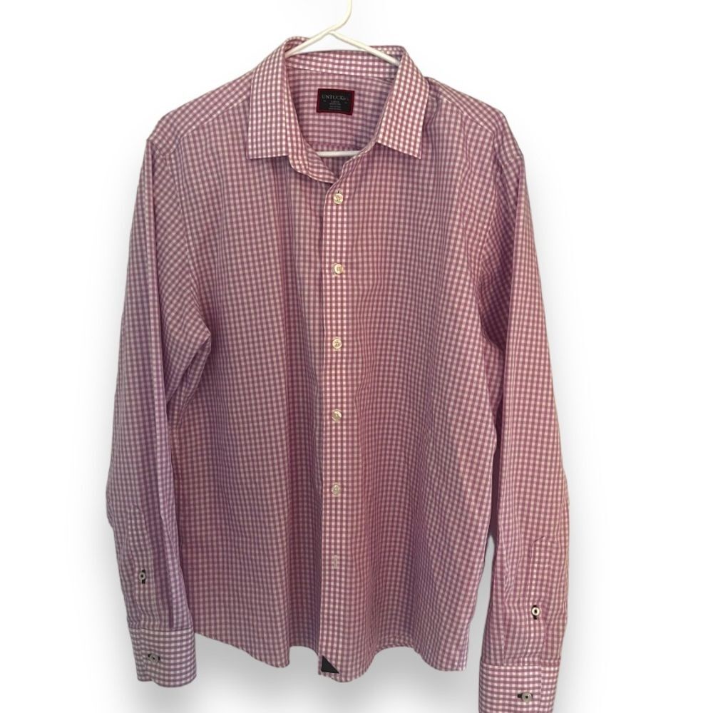 UNTUCKit Men’s Pink Check Gingham Long Sleeve Button Down Wrinkle Free Shirt L